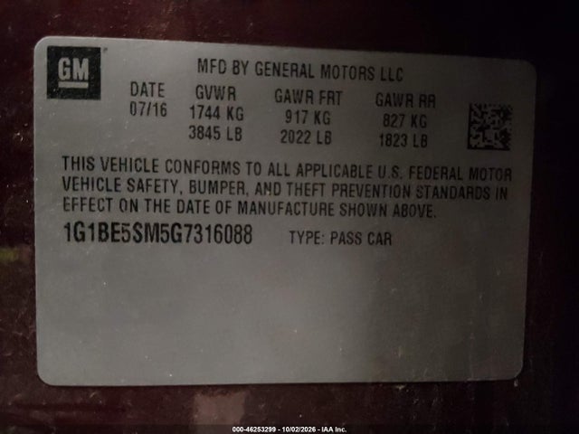 Продаж на аукціоні авто 2016 Chevrolet Cruze Lt Auto, vin: 1G1BE5SM5G7316088, номер лоту: 46253299