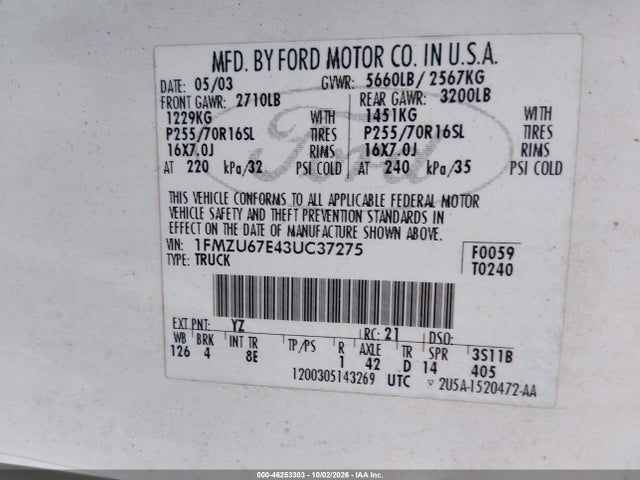 Продаж на аукціоні авто 2003 Ford Explorer Sport Trac Xls/xlt, vin: 1FMZU67E43UC37275, номер лоту: 46253303