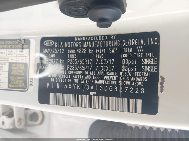 Auction sale of the 2013 Kia Sorento Lx, vin: 5XYKT3A13DG337223, lot number: 46253305