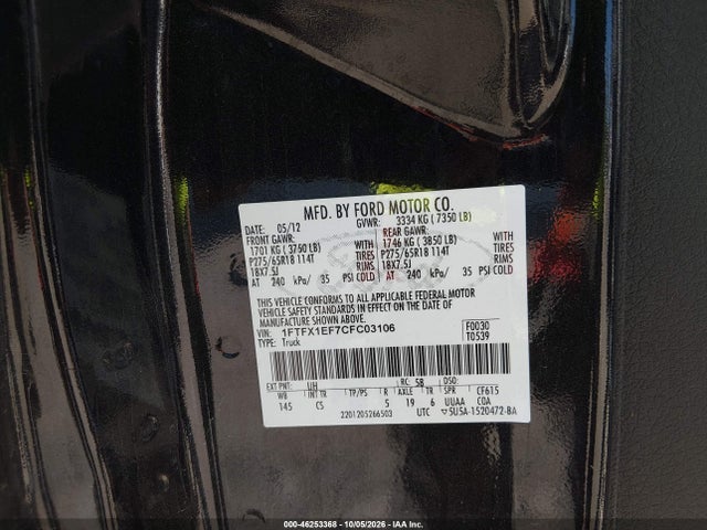 46253368 :رقم المزاد ، 1FTFX1EF7CFC03106 vin ، 2012 Ford F-150 Stx مزاد بيع