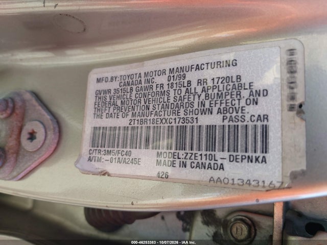 Продажа на аукционе авто 1999 Toyota Corolla Le, vin: 2T1BR18EXXC173531, номер лота: 46253383