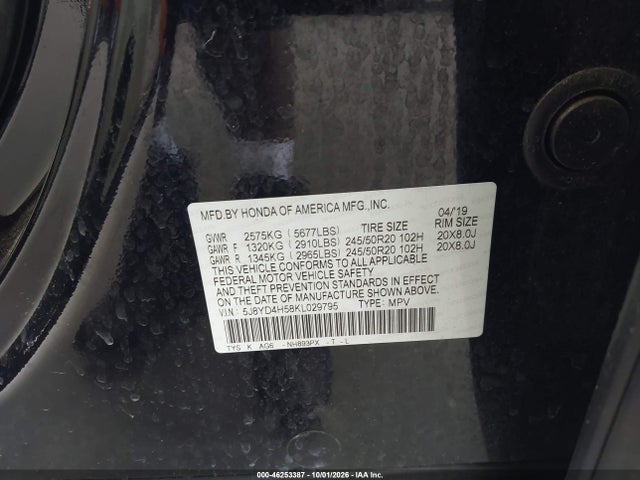 Продаж на аукціоні авто 2019 Acura Mdx Tech Pkg, vin: 5J8YD4H58KL029795, номер лоту: 46253387