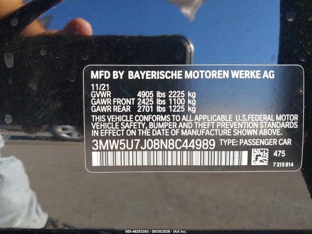 Aukcja sprzedaży 2022 Bmw M340i, vin: 3MW5U7J08N8C44989, numer aukcji: 46253393