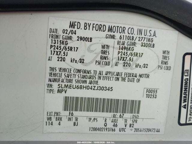 Продаж на аукціоні авто 2004 Lincoln Aviator, vin: 5LMEU68H04ZJ30345, номер лоту: 46253394