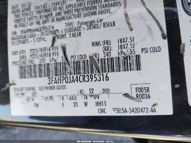 Продаж на аукціоні авто 2012 Ford Fusion Sel, vin: 3FAHP0JA4CR395316, номер лоту: 46253400