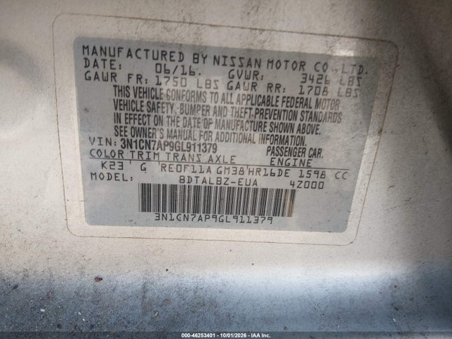 Aukcja sprzedaży 2016 Nissan Versa 1.6 Sv, vin: 3N1CN7AP9GL911379, numer aukcji: 46253401