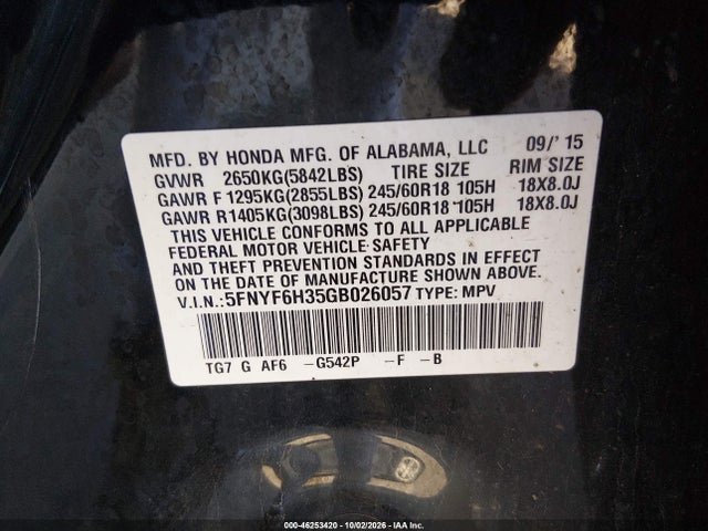 Aukcja sprzedaży 2016 Honda Pilot Ex, vin: 5FNYF6H35GB026057, numer aukcji: 46253420
