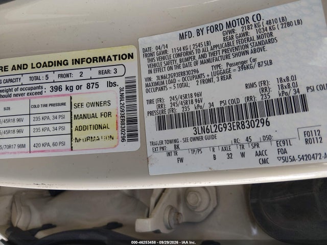 Продажа на аукционе авто 2014 Lincoln Mkz, vin: 3LN6L2G93ER830296, номер лота: 46253458