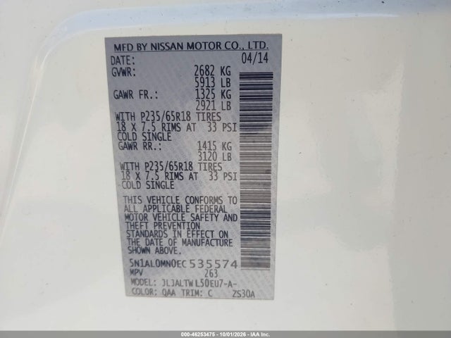 Продаж на аукціоні авто 2014 Infiniti Qx60, vin: 5N1AL0MN0EC535574, номер лоту: 46253475
