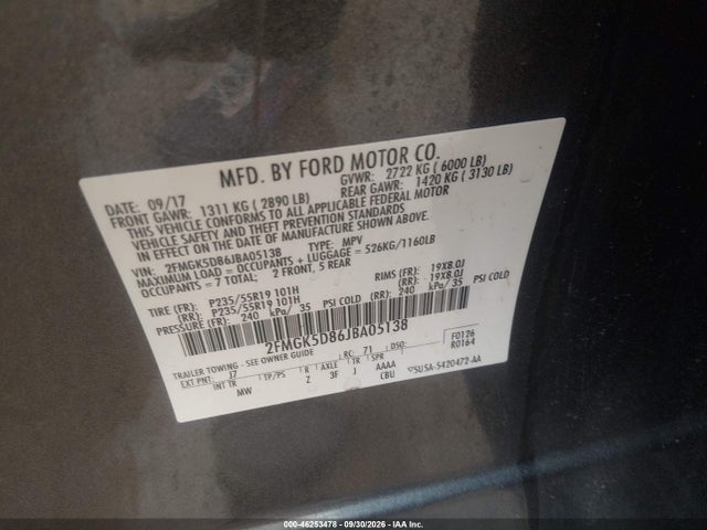 Продажа на аукционе авто 2018 Ford Flex Limited, vin: 2FMGK5D86JBA05138, номер лота: 46253478