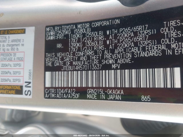 46253482 :رقم المزاد ، JTEBU14R570113637 vin ، 2007 Toyota 4runner Sr5 V6 مزاد بيع