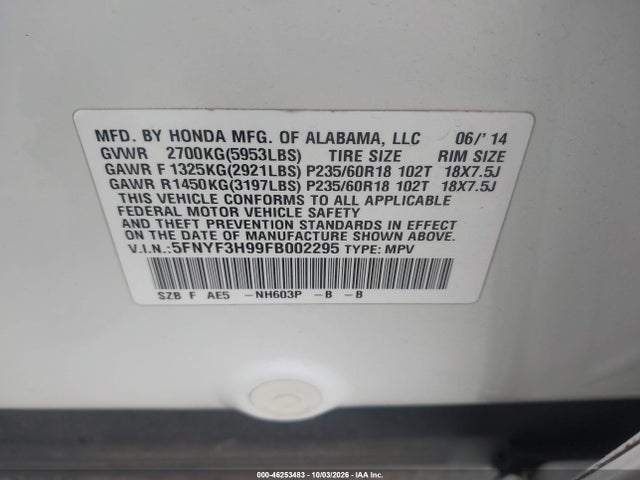 Продажа на аукционе авто 2015 Honda Pilot Touring, vin: 5FNYF3H99FB002295, номер лота: 46253483