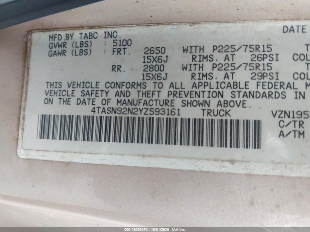 46253493 :رقم المزاد ، 4TASN92N2YZ593161 vin ، 2000 Toyota Tacoma Prerunner V6 مزاد بيع