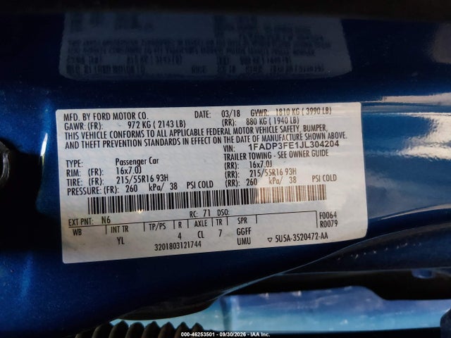 2018 Ford Focus Se მანქანა იყიდება აუქციონზე, vin: 1FADP3FE1JL304204, აუქციონის ნომერი: 46253501