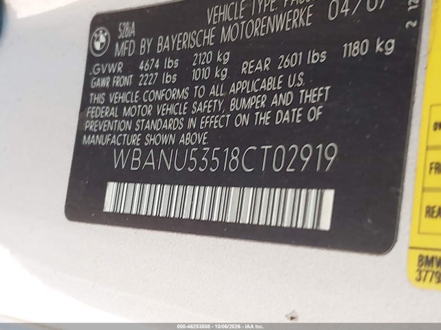 Aukcja sprzedaży 2008 Bmw 528i, vin: WBANU53518CT02919, numer aukcji: 46253508