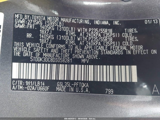 Продажа на аукционе авто 2013 Toyota Sienna Xle 7 Passenger, vin: 5TDDK3DC8DS058281, номер лота: 46253512