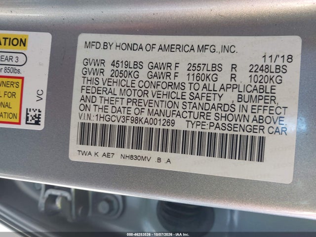 1HGCV3F98KA001269 Honda Accord Hybrid Touring