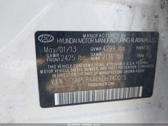 2013 Hyundai Sonata Gls მანქანა იყიდება აუქციონზე, vin: 5NPEB4AC6DH740015, აუქციონის ნომერი: 46253534