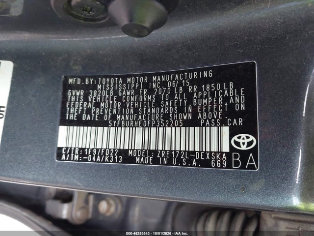 46253543 :رقم المزاد ، 5YFBURHE0FP352205 vin ، 2015 Toyota Corolla S Plus مزاد بيع