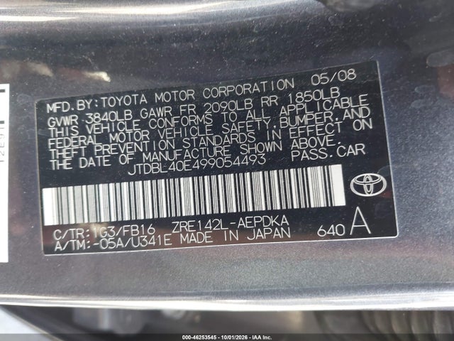 Aukcja sprzedaży 2009 Toyota Corolla Le, vin: JTDBL40E499054493, numer aukcji: 46253545