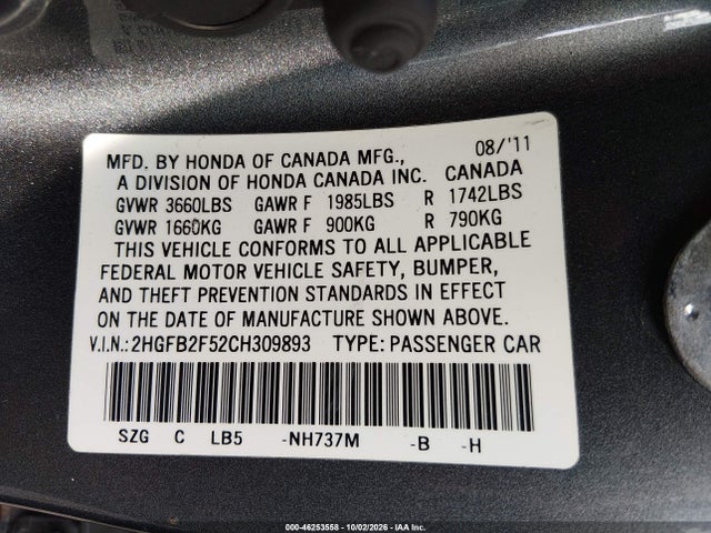 Aukcja sprzedaży 2012 Honda Civic Lx, vin: 2HGFB2F52CH309893, numer aukcji: 46253558