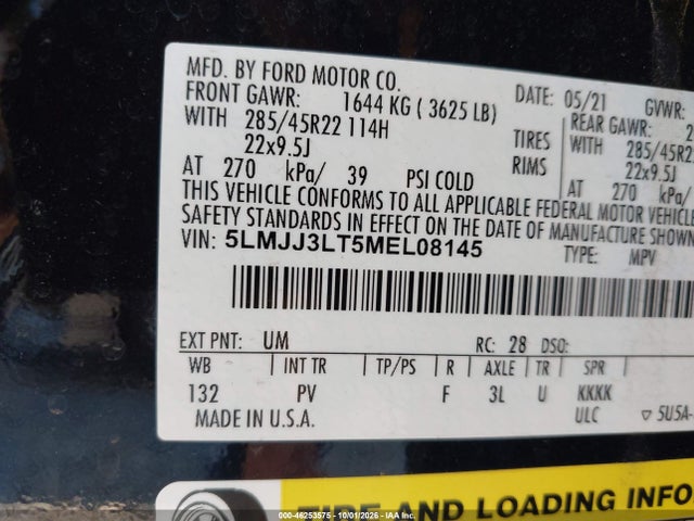 Продаж на аукціоні авто 2021 Lincoln Navigator Reserve L, vin: 5LMJJ3LT5MEL08145, номер лоту: 46253575