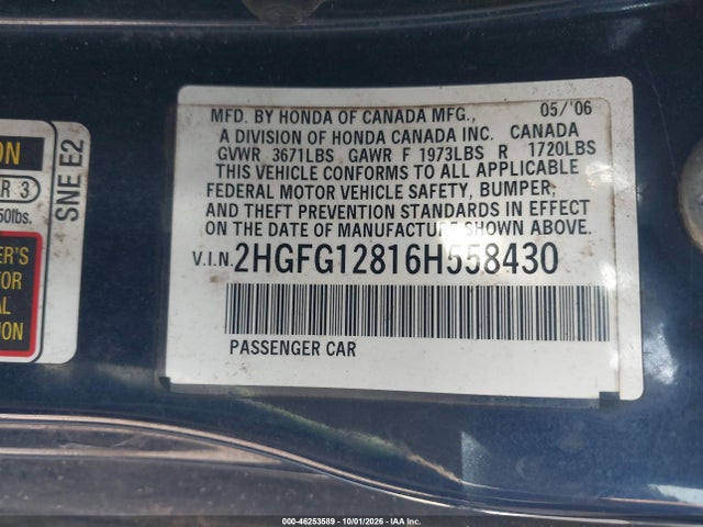 46253589 :رقم المزاد ، 2HGFG12816H558430 vin ، 2006 Honda Civic Ex مزاد بيع