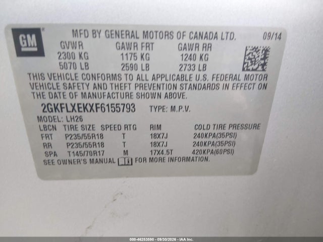 46253590 :رقم المزاد ، 2GKFLXEKXF6155793 vin ، 2015 Gmc Terrain Slt-1 مزاد بيع