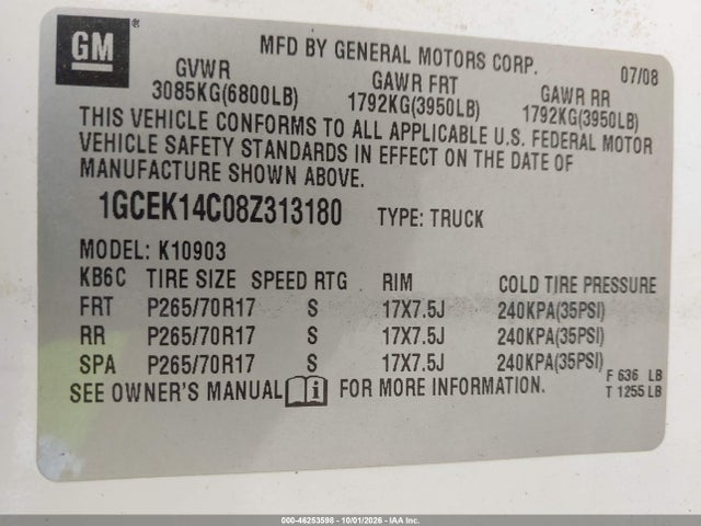 Aukcja sprzedaży 2008 Chevrolet Silverado 1500 Work Truck, vin: 1GCEK14C08Z313180, numer aukcji: 46253598