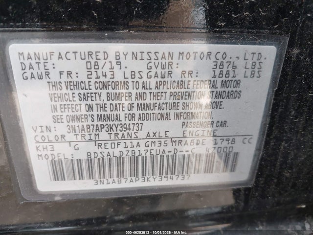 2019 Nissan Sentra Sv მანქანა იყიდება აუქციონზე, vin: 3N1AB7AP3KY394737, აუქციონის ნომერი: 46253613