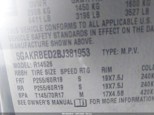 46253618 :رقم المزاد ، 5GAKRBED2BJ381953 vin ، 2011 Buick Enclave 1xl مزاد بيع