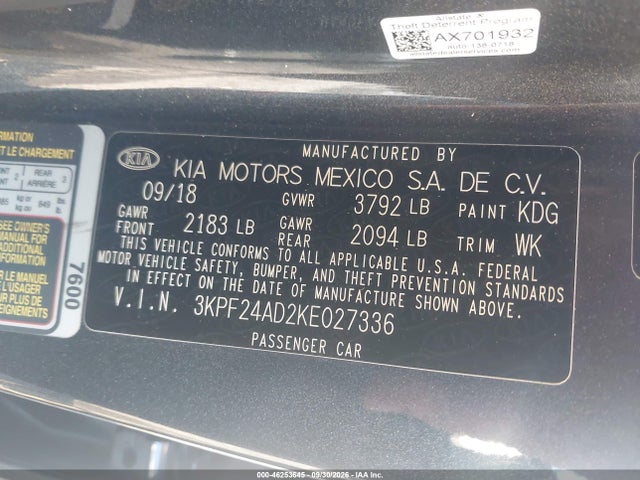 2019 Kia Forte Fe მანქანა იყიდება აუქციონზე, vin: 3KPF24AD2KE027336, აუქციონის ნომერი: 46253645
