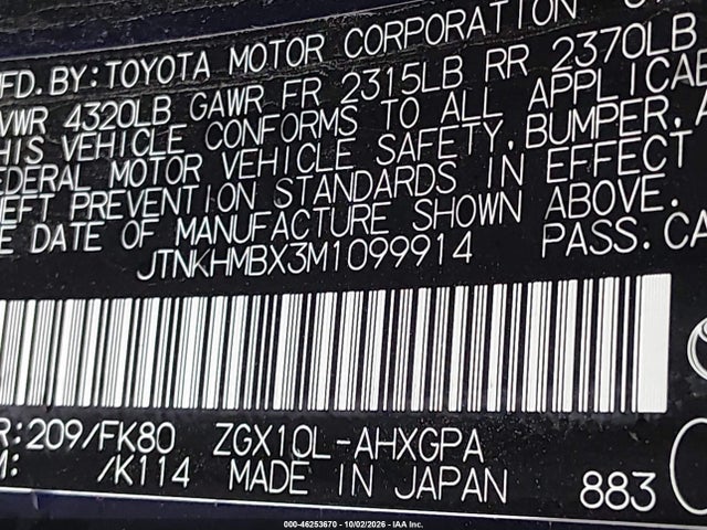 46253670 :رقم المزاد ، JTNKHMBX3M1099914 vin ، 2021 Toyota C-hr Xle مزاد بيع