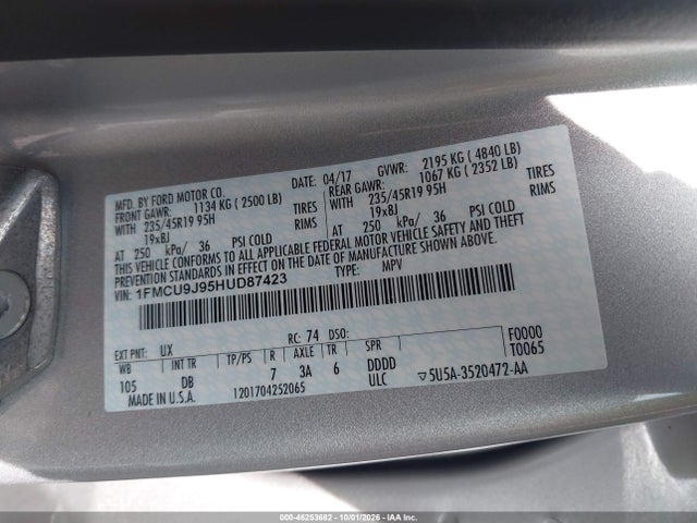 Aukcja sprzedaży 2017 Ford Escape Titanium, vin: 1FMCU9J95HUD87423, numer aukcji: 46253682