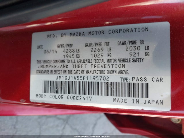 46253704 :رقم المزاد ، JM1GJ1V55F1195702 vin ، 2015 Mazda Mazda6 I Touring مزاد بيع