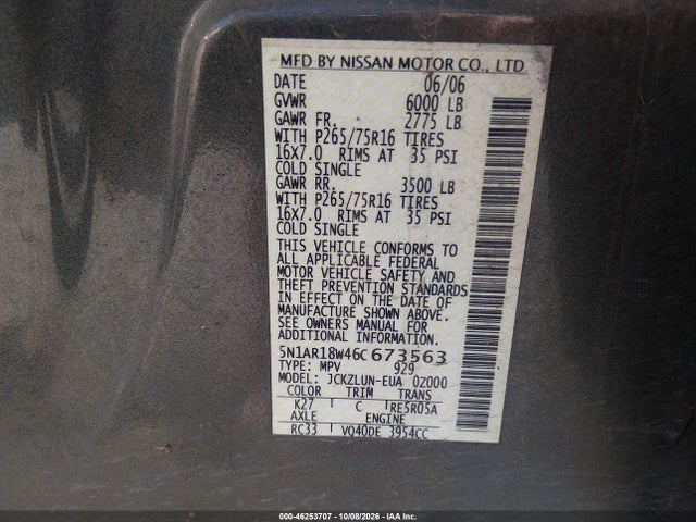 Продаж на аукціоні авто 2006 Nissan Pathfinder Se Off-road, vin: 5N1AR18W46C673563, номер лоту: 46253707