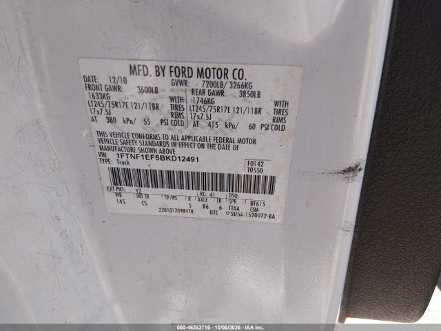 46253716 :رقم المزاد ، 1FTNF1EF5BKD12491 vin ، 2011 Ford F-150 Xl مزاد بيع