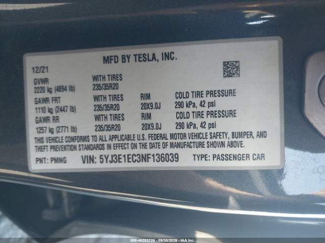 2022 Tesla Model 3 Performance Dual Motor All-wheel Drive მანქანა იყიდება აუქციონზე, vin: 5YJ3E1EC3NF136039, აუქციონის ნომერი: 46253726