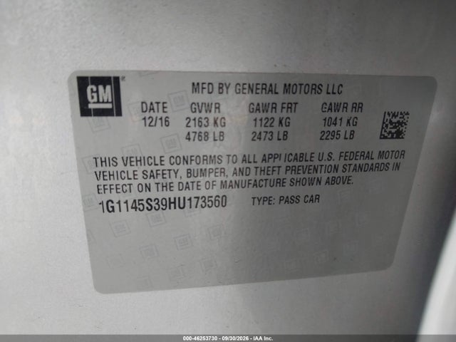 Aukcja sprzedaży 2017 Chevrolet Impala 2lz, vin: 1G1145S39HU173560, numer aukcji: 46253730
