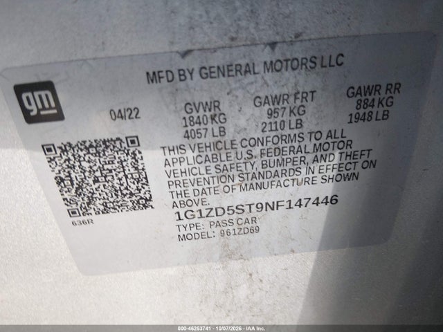 46253741 :رقم المزاد ، 1G1ZD5ST9NF147446 vin ، 2022 Chevrolet Malibu Fwd Lt مزاد بيع