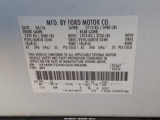 2016 Ford Explorer Xlt მანქანა იყიდება აუქციონზე, vin: 1FM5K7DH0GGC99298, აუქციონის ნომერი: 46253747