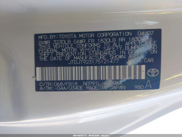 Aukcja sprzedaży 2007 Toyota Yaris, vin: JTDJT923175121477, numer aukcji: 46253772