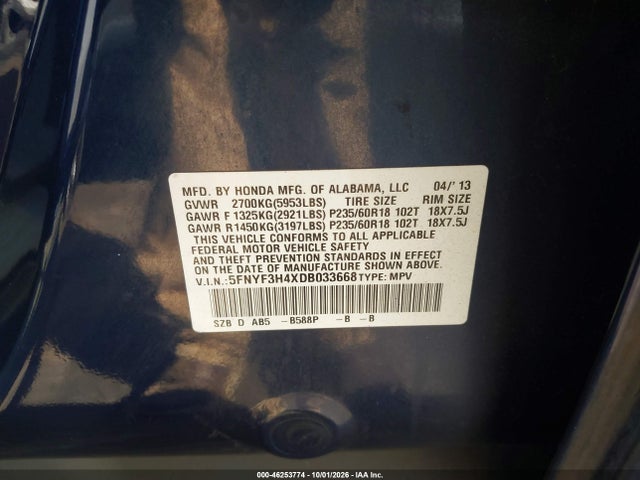 46253774 :رقم المزاد ، 5FNYF3H4XDB033668 vin ، 2013 Honda Pilot Ex مزاد بيع