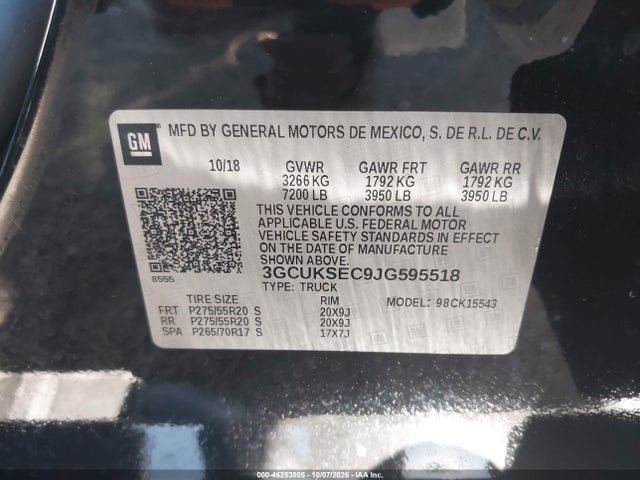 2018 Chevrolet Silverado 1500 2lz მანქანა იყიდება აუქციონზე, vin: 3GCUKSEC9JG595518, აუქციონის ნომერი: 46253805