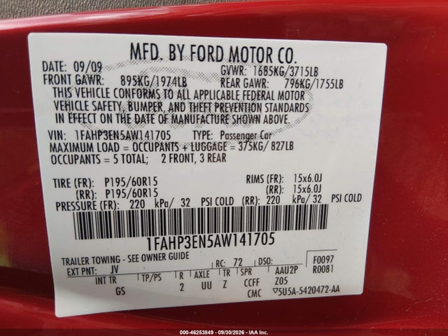 Auction sale of the 2010 Ford Focus S, vin: 1FAHP3EN5AW141705, lot number: 46253849