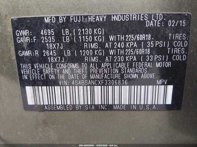 Aukcja sprzedaży 2015 Subaru Outback 2.5i Limited, vin: 4S4BSANCXF3306816, numer aukcji: 46253850