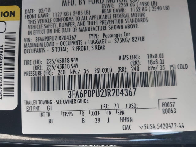 Aukcja sprzedaży 2018 Ford Fusion Energi Se Luxury, vin: 3FA6P0PU2JR204367, numer aukcji: 46253878