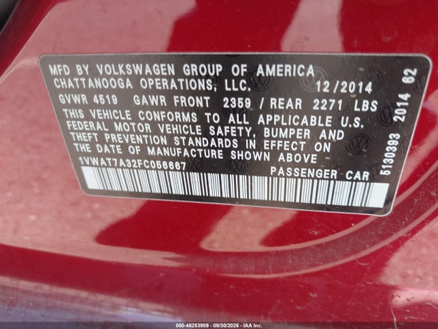 2015 Volkswagen Passat 1.8t Wolfsburg Edition მანქანა იყიდება აუქციონზე, vin: 1VWAT7A32FC056667, აუქციონის ნომერი: 46253909