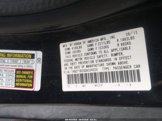 Aukcja sprzedaży 2013 Honda Accord Lx-s, vin: 1HGCT1B3XDA024535, numer aukcji: 46253926
