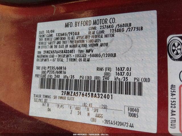 Aukcja sprzedaży 2005 Ford Freestar Ses, vin: 2FMZA57645BA32401, numer aukcji: 46253933